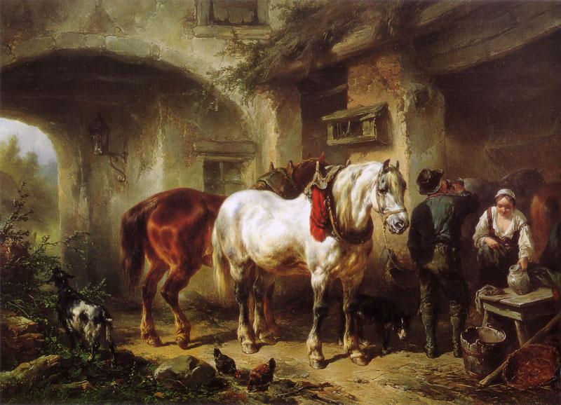 Wouterus Verschuur Horses and people in a courtyard France oil painting art